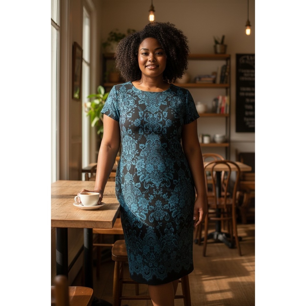 Studio One NY Ornate Teal Scroll Print Dress 14 Dark Academia Victorian Sheath‎